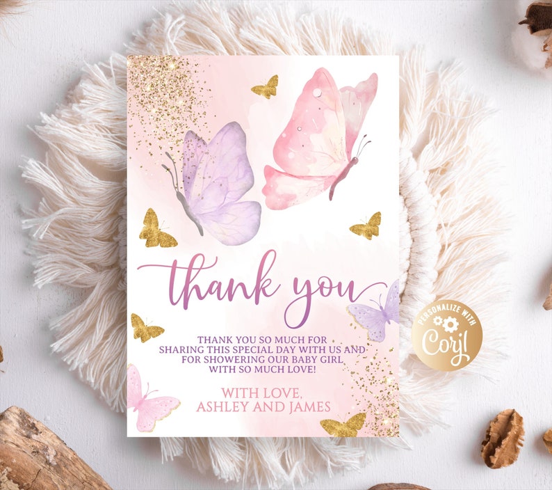 Editable Butterfly Thank You Card Butterfly Baby Shower Thank Etsy