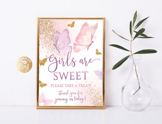 Editable Girl Butterfly Baby Shower Dessert Table Sign, Butterfly Girls are Sweet Table Sign, Food Table Poster Printable, Rose Gold Girl