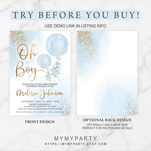 Try before you buy demo showing front and back designs of the editable invitation.