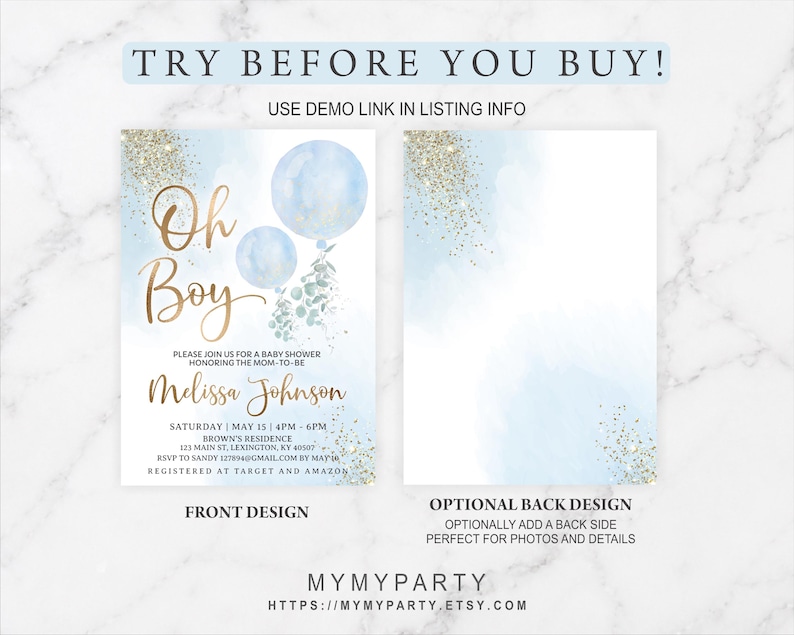 Try before you buy demo showing front and back designs of the editable invitation.