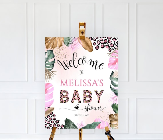 Bewerkbaar luipaard baby shower welkom teken, baby shower welkom