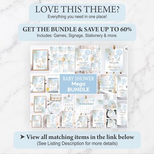Collection of matching party stationery items for a complete navy blue balloon shower theme.