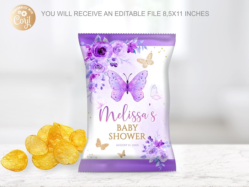 Editable Butterfly Chip Bags Watercolor Purple Roses Girl Etsy