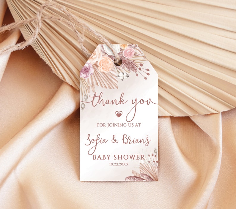 Editable Boho Thank You Tags, Pampas Grass Baby Shower Favor Tag ...