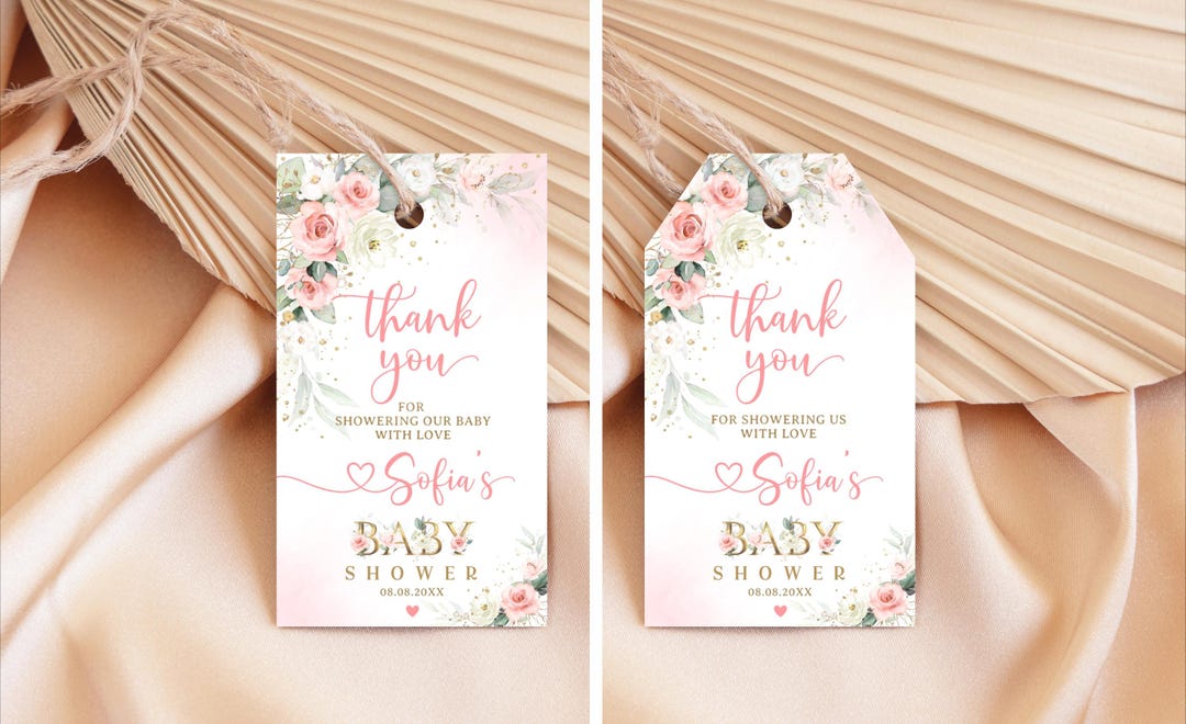 Editable Girl Blush Pink Rose Baby Shower Thank You Tags Favor Tags ...