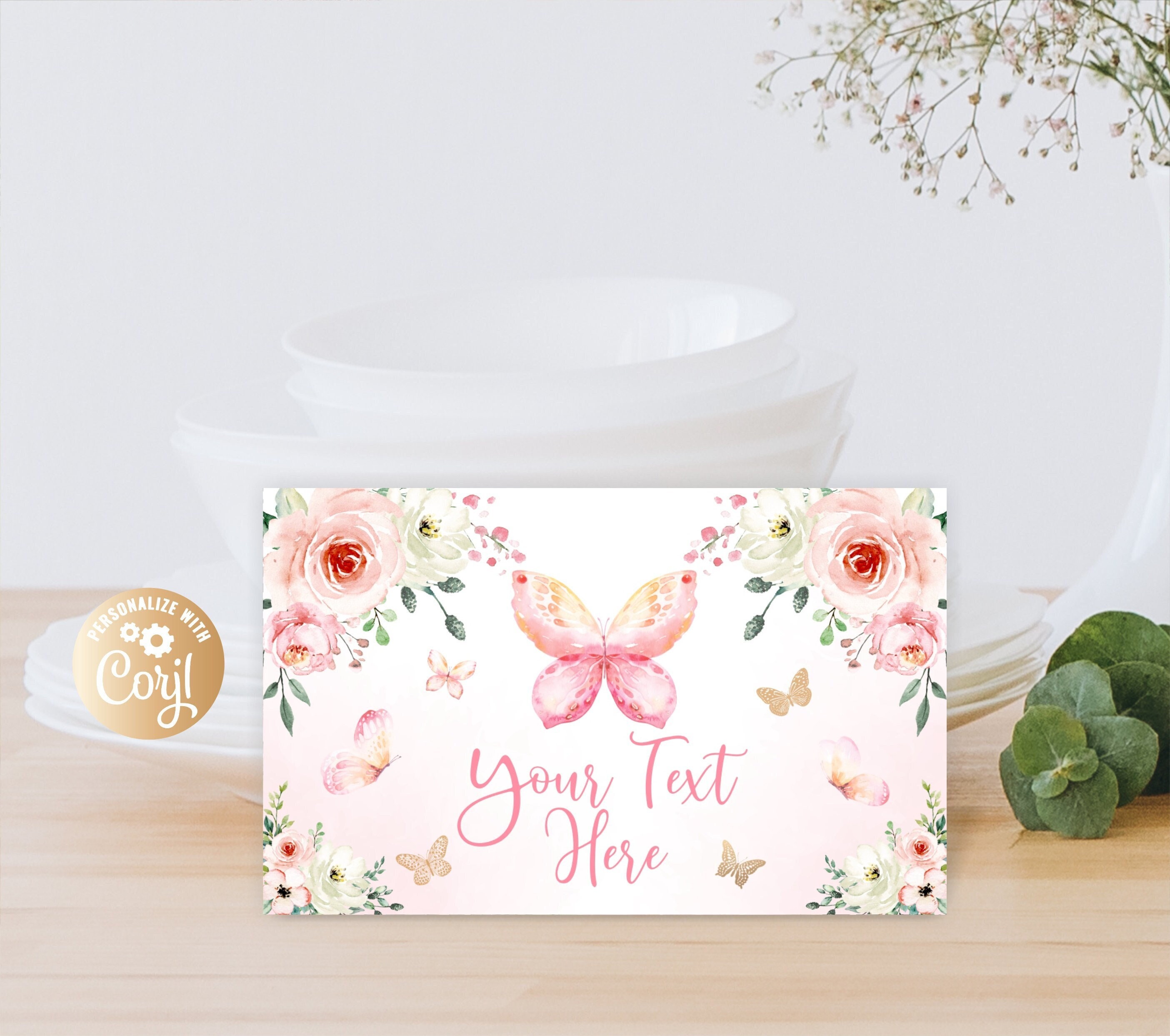 Pink Butterfly Label Butterfly Print Food Labels Girl Pink Roses Gold, Editable Butterfly ...