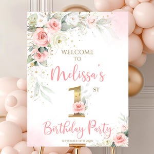 Panneau de bienvenue pour 1er anniversaire de roses modifiable, roses en or rose, rose floral blush 2e 3e 4e 5e 6e 7e 8e 9e anniversaire affiche de signe de bienvenue pailleté