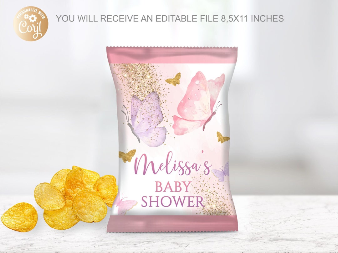 Editable Butterfly Chip Bags, Gold for Girl, Pink Butterfly Baby Shower