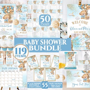 Editable Bear Blue Baby Shower Bundle, Baby Shower Bundle Boy, Bear Blue Gold Baby Shower Invitation for Boy Set, Bear with Balloons Bundle