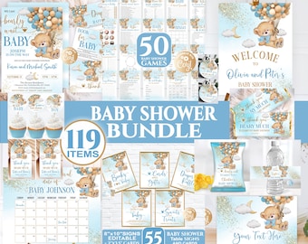 Editable Bear Blue Baby Shower Bundle, Baby Shower Bundle Boy, Bear Blue Gold Baby Shower Invitation for Boy Set, Bear with Balloons Bundle