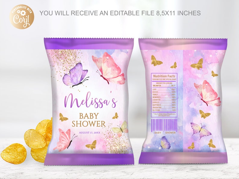 Editable Butterfly Chip Bags Watercolor Purple Pinkgirl Pink Etsy
