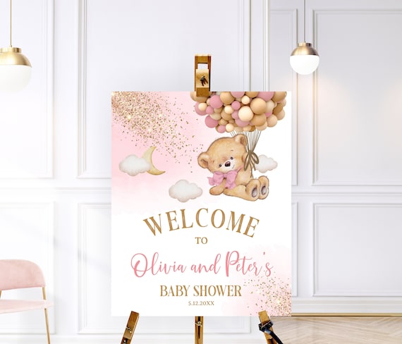 Editable Bear Pink Gold Welcome Baby Shower Sign, Gold Bear Pink Sign, Welcome Poster Bear Sign, Clouds Bear Bear Sign Pink Gold Decorations