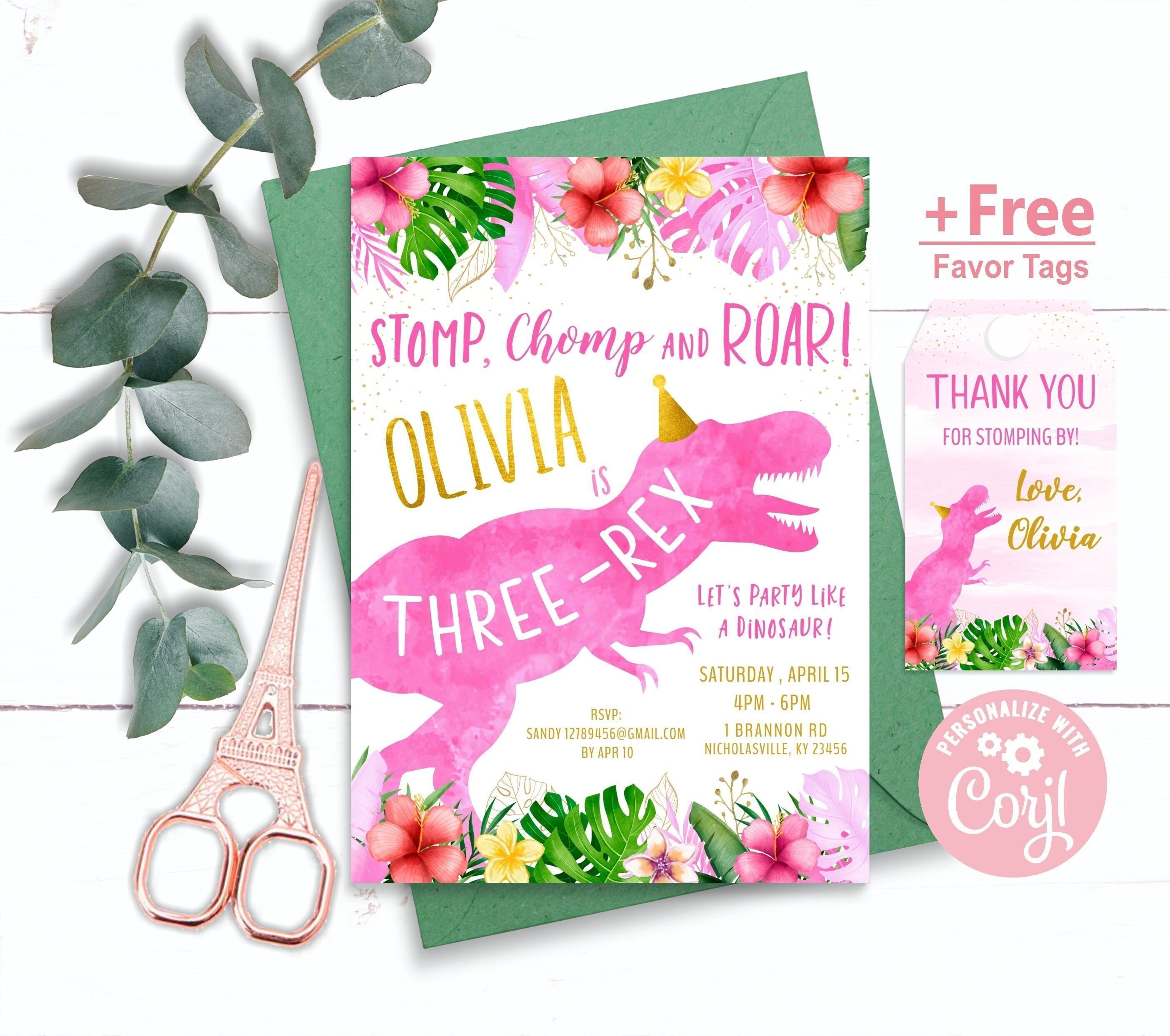 Dinosaur Birthday Invitation girl, free favor tags, Dinosaur Three-Rex Party, Dino Party, Three Rex Birthday Party, Girl Dino T-Rex, pink