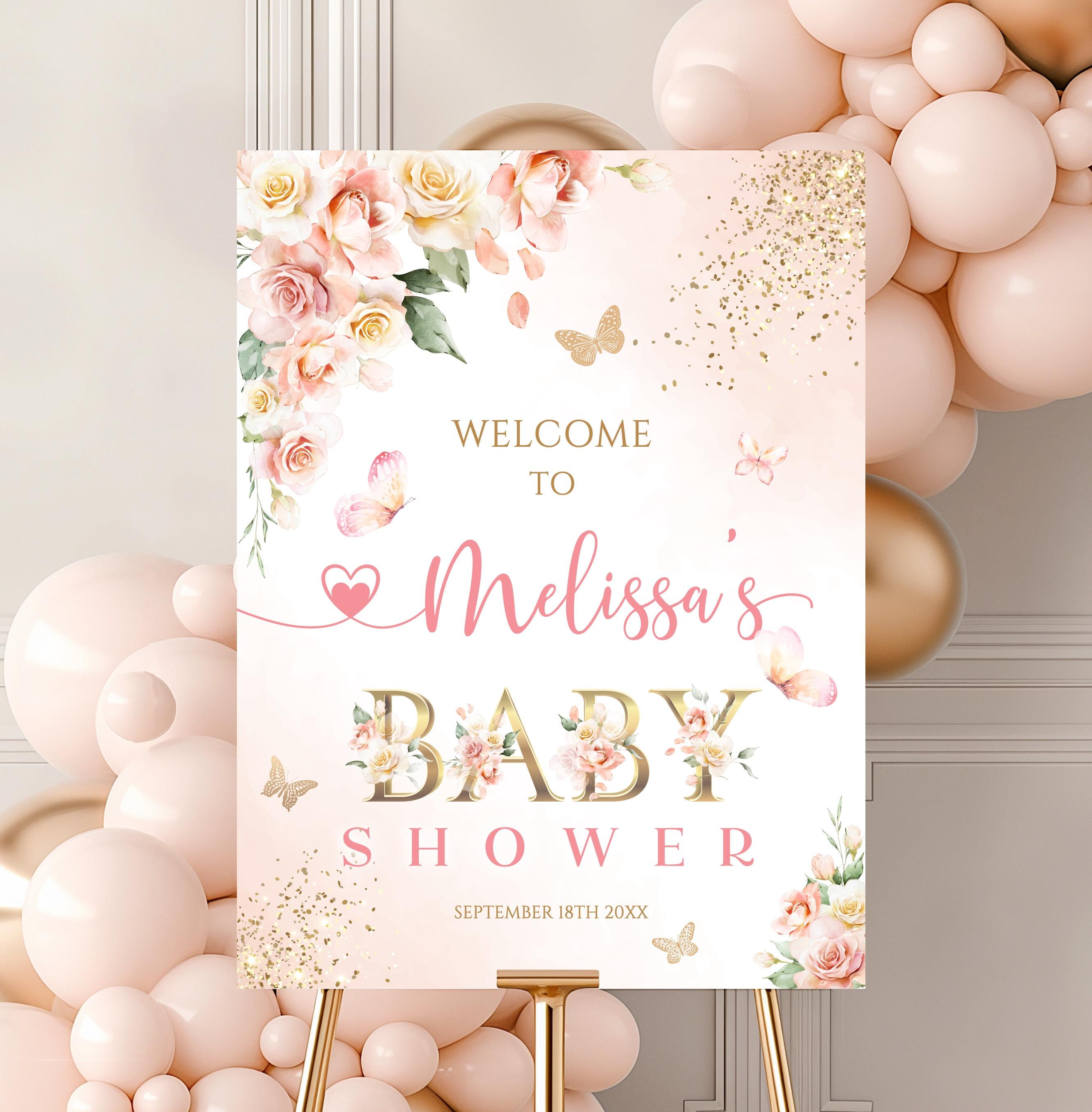 Welcome Rosa Editable Pink Rose Boho Baby Shower Welcome Sign Gold, Girl Boho ...