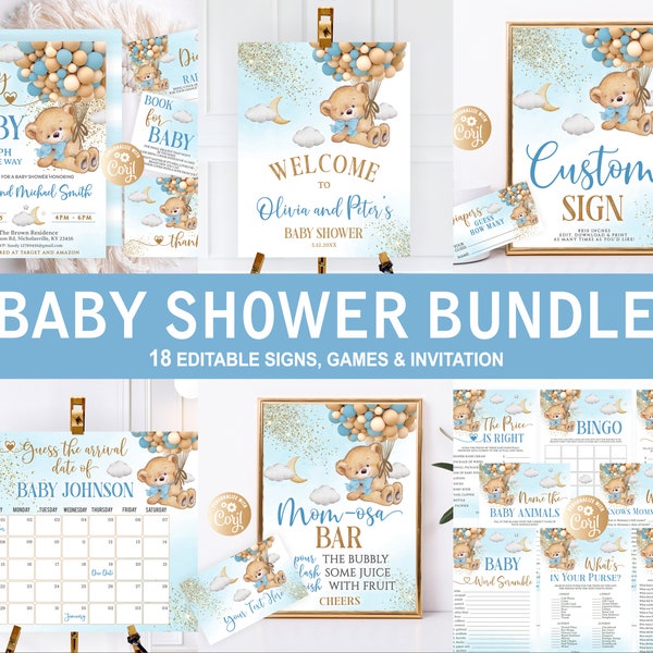 Editable Bear Blue Baby Shower Bundle, Baby Shower Bundle Boy, Bear Blue Gold Baby Shower Invitation for Boy Set, Bear with Balloons Bundle