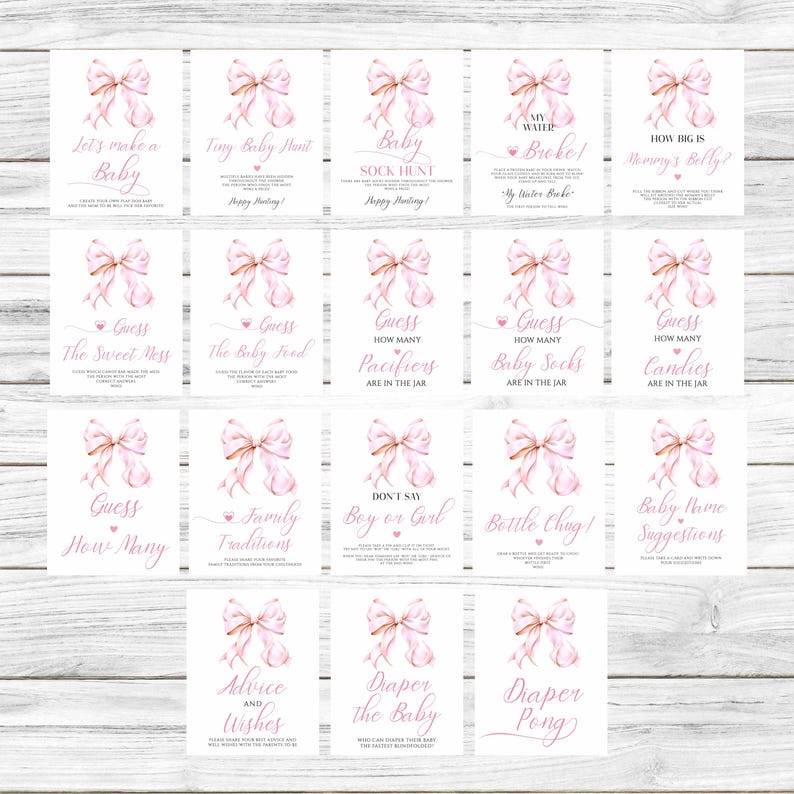 Pink Bow Baby Shower Table Signs Bundle, Sweets and Treats, Cards and ...