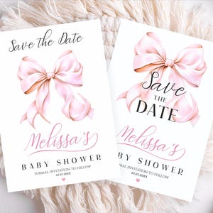 Bearbeitbare Rosa Schleife Babyparty Save the Date Einladung, Mädchen Schleife Aquarell Baby Save the Date Vorlage Elegante Save the Date Modern Minimal
