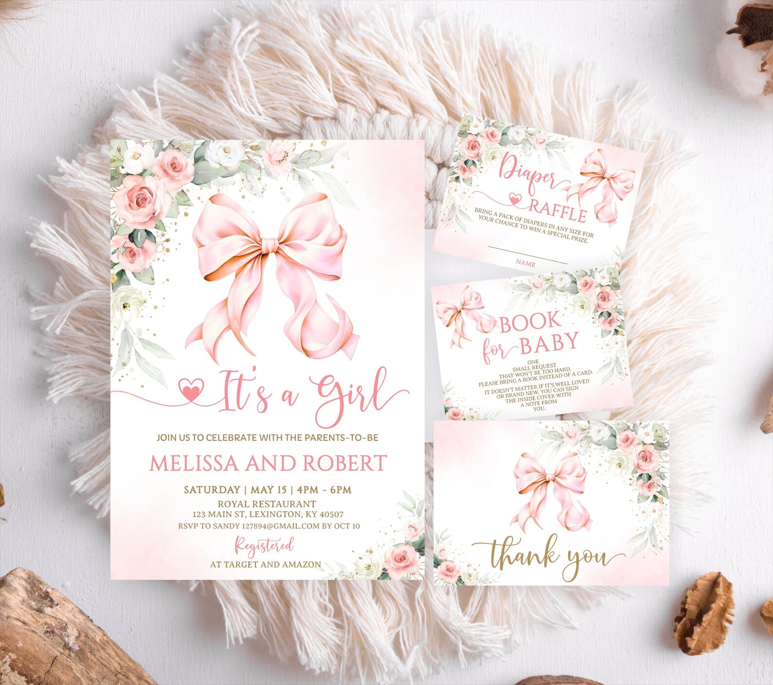 Editable Pink Bow Baby Shower Invitation Set, Pink Girl Bow Blush Rose ...