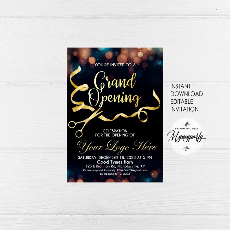 May include: A black and gold invitation for a grand opening event. The design features gold ribbon and scissors, with text that reads "Grand Opening" and details for the event, including the date, time, and location.