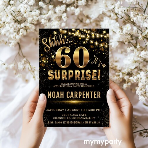Surprise 60th Birthday Invitation, Editable Template, Elegant Gold