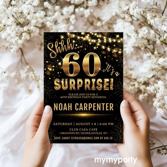 Surprise 60th Birthday Invitation, Editable Template, Elegant Gold