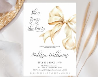 She's Tying the Knot Bridal Shower Invitation, Editable White Bow Bridal Shower Invite, White Ribbon Wedding Shower Ivory Bow Bridal Shower