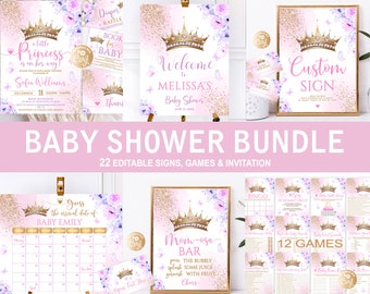 Editable Princess Baby Shower Bundle Pink Watercolor Gold Glitter, Royal Baby Shower Set Invitation Girl Set Answers included Сrown Castle