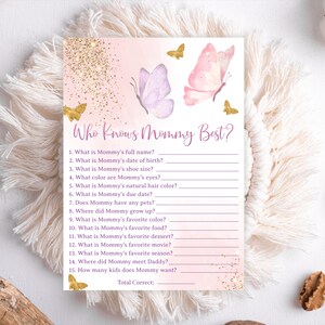 Mariposa que conoce a mamá, el mejor juego, juegos de baby shower, Gold Pink, quién conoce a mamá, el mejor juego, juegos de baby shower, quién conoce mejor a mamá