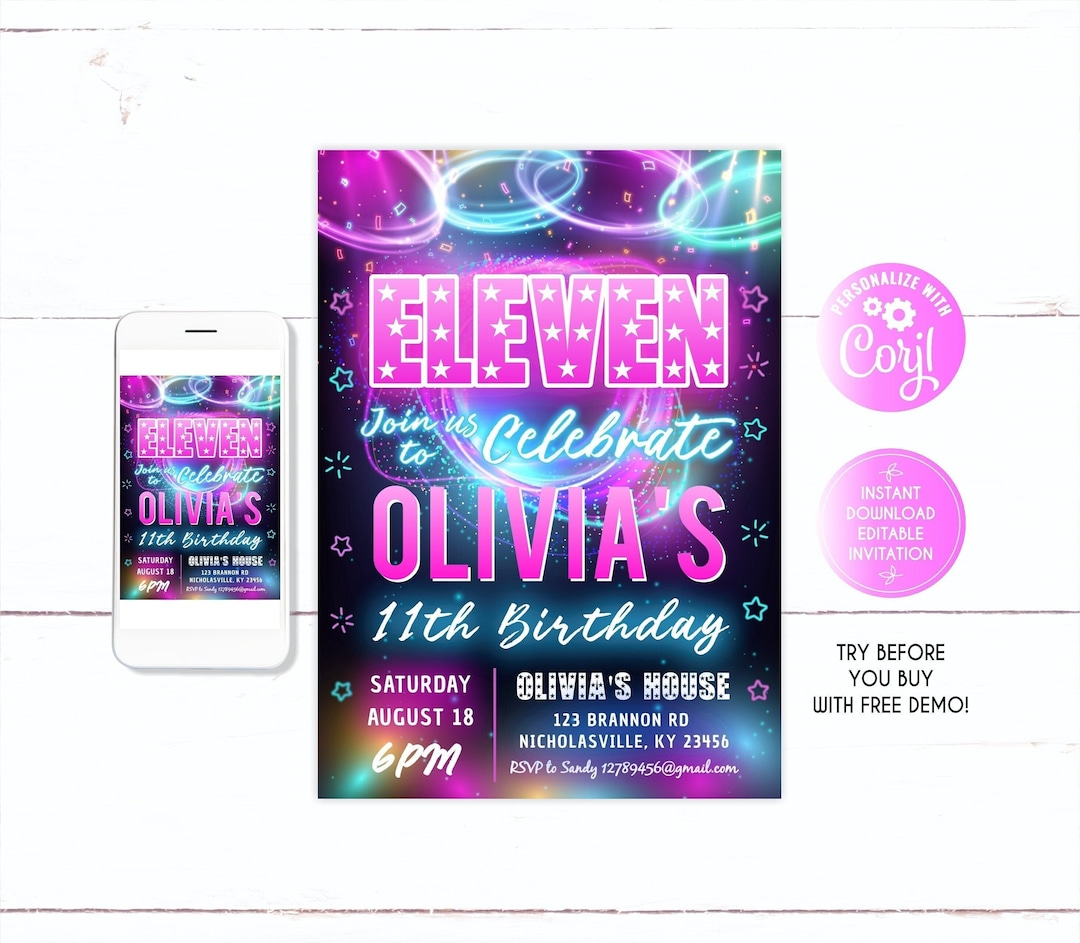 11th Birthday Invitation, 11th Birthday, 11 Years Old, Girl Party