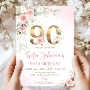 Convite de aniversário de 90 anos com rosas rosa blush, florais, glitter, convite de aniversário de noventa anos, dourado, verde, mulheres, mãe
