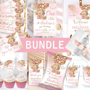Editable Bear Girl Pink Birthday Bundle, Bear Birthday Bundle 1st Birthday, Bear Pink Gold Birthday Invitation  Girl Set Bear with Balloons