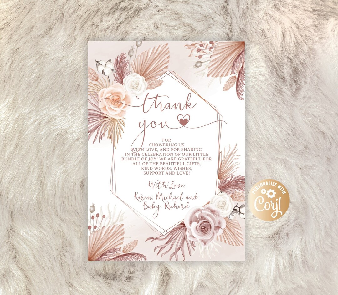 Editable Boho Thank You Card, Pampas Grass Baby Shower Thank You Card ...
