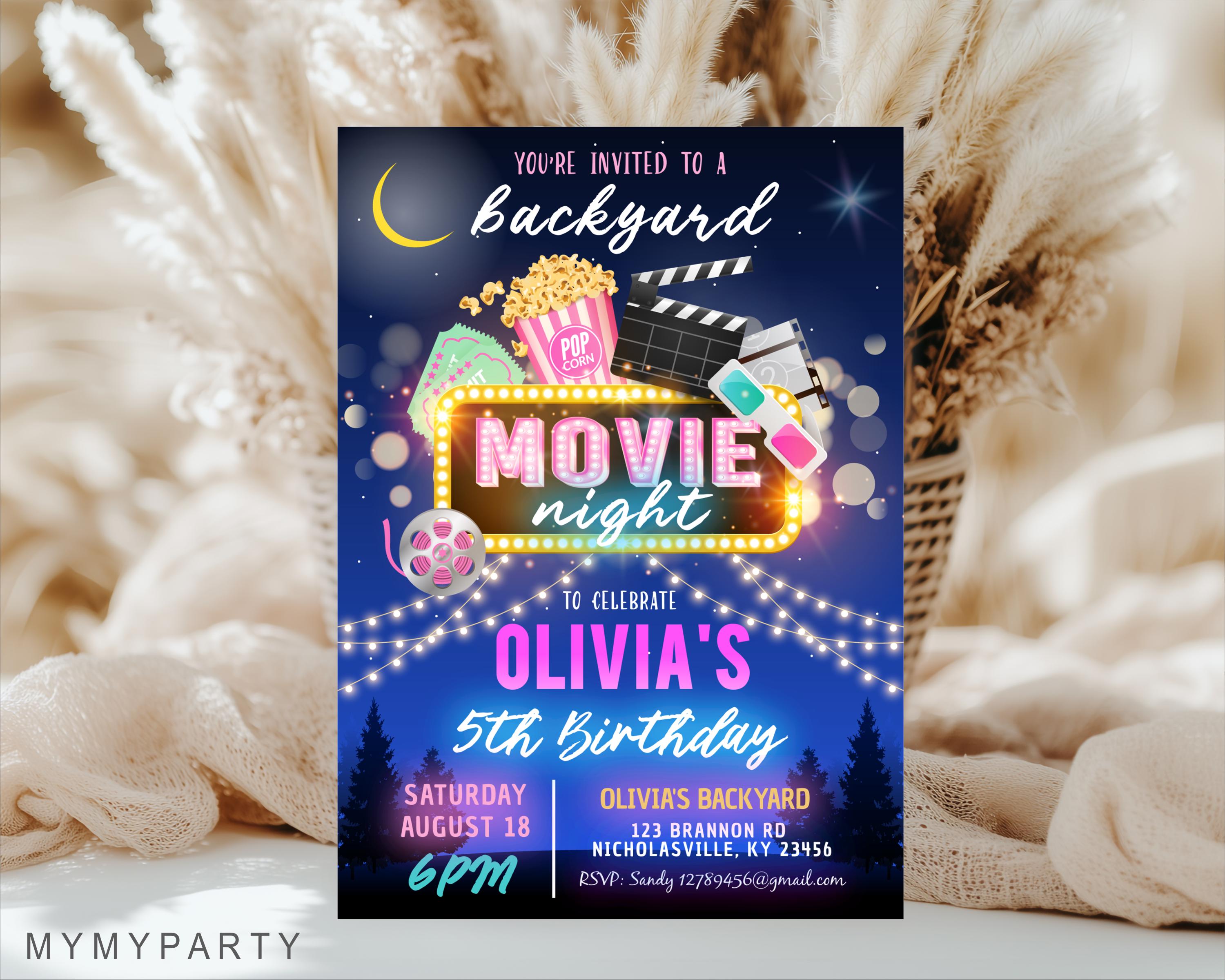 Editable Movie Night Birthday Invitation, Pink Girl Party Invite ...