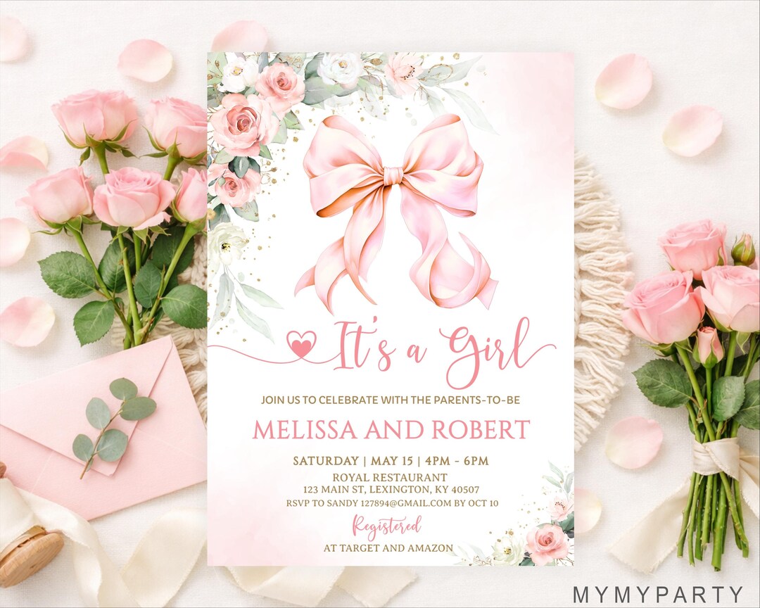 Editable Pink Bow Baby Shower Invitation Template, Watercolor Blush ...