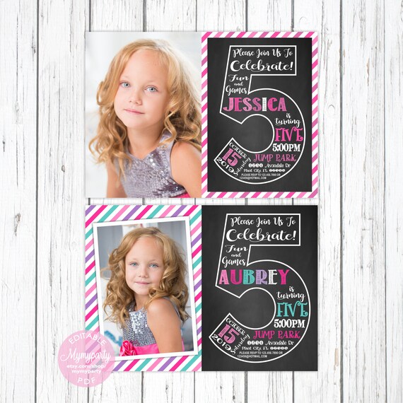 5th Birthday Invitation Girl Сhalkboard Fifth Birthday Etsy