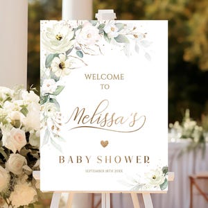 Panneau de bienvenue modifiable pour baby shower roses, or blanc, roses blanches, affiche de bienvenue pour baby shower, rose blanche, décoration de roses pour baby shower