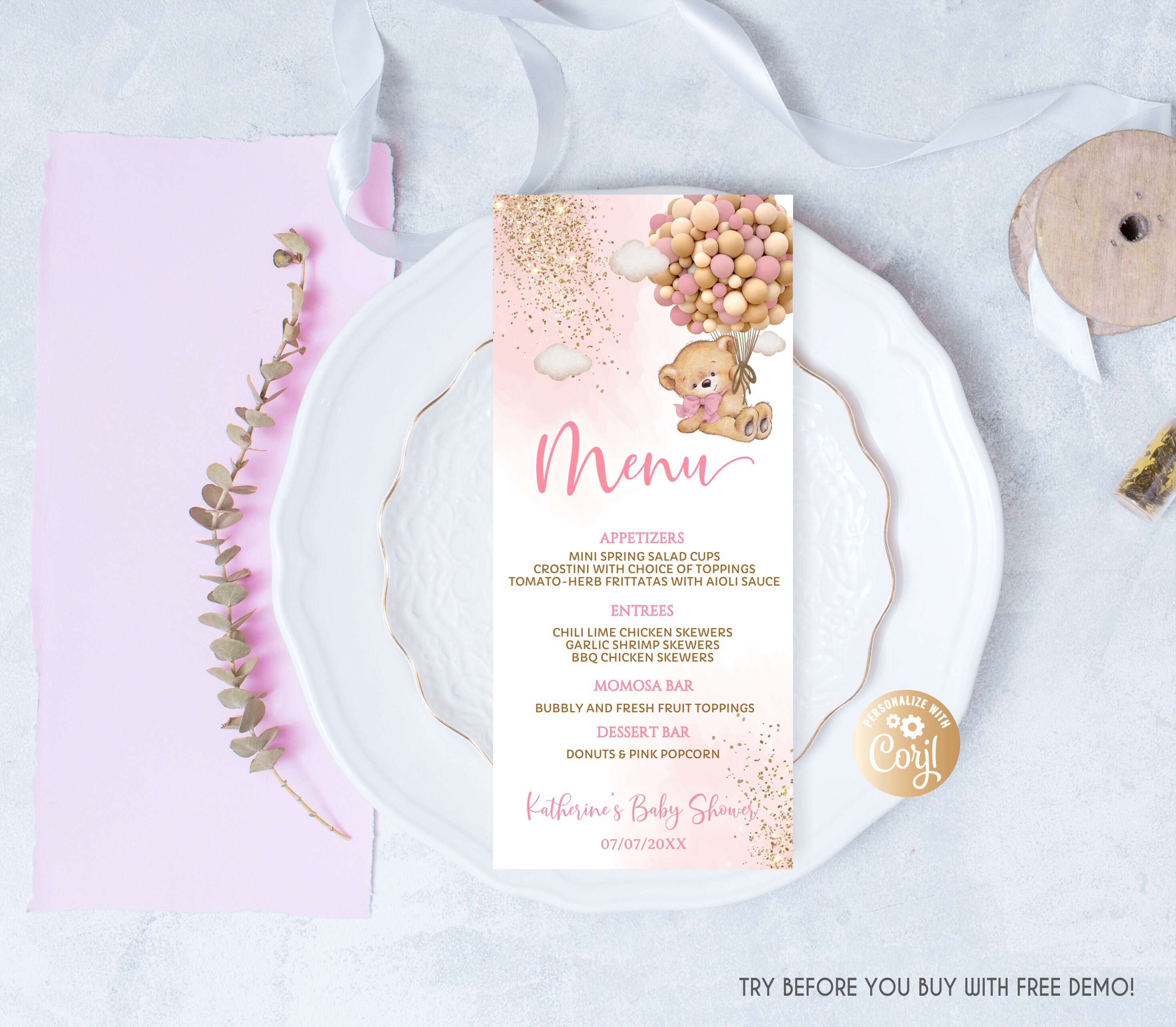 Editable Bear Dinner Menu Card, Girl Pink Bear Hot Air Balloon Reception Dinner Menu for Girl, Pink Gold Bear Dinner Menu Baby Shower 4x9"