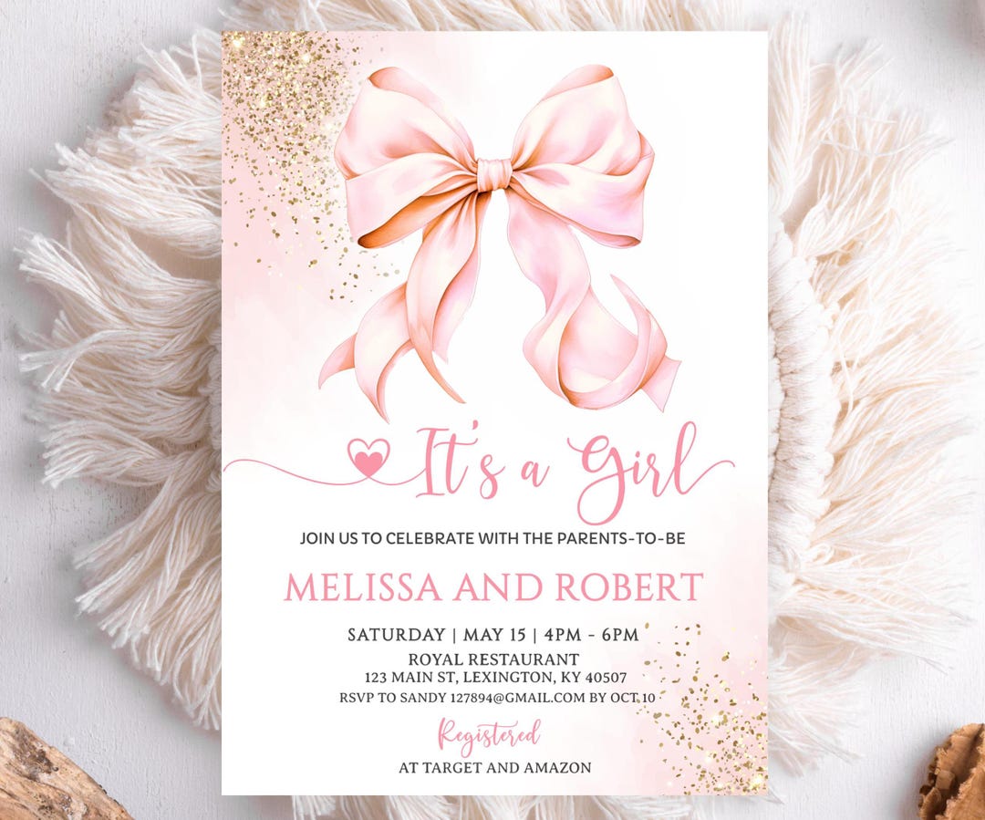 Editable Pink Bow Baby Shower Invitation Girl Bow Glitter Gold ...