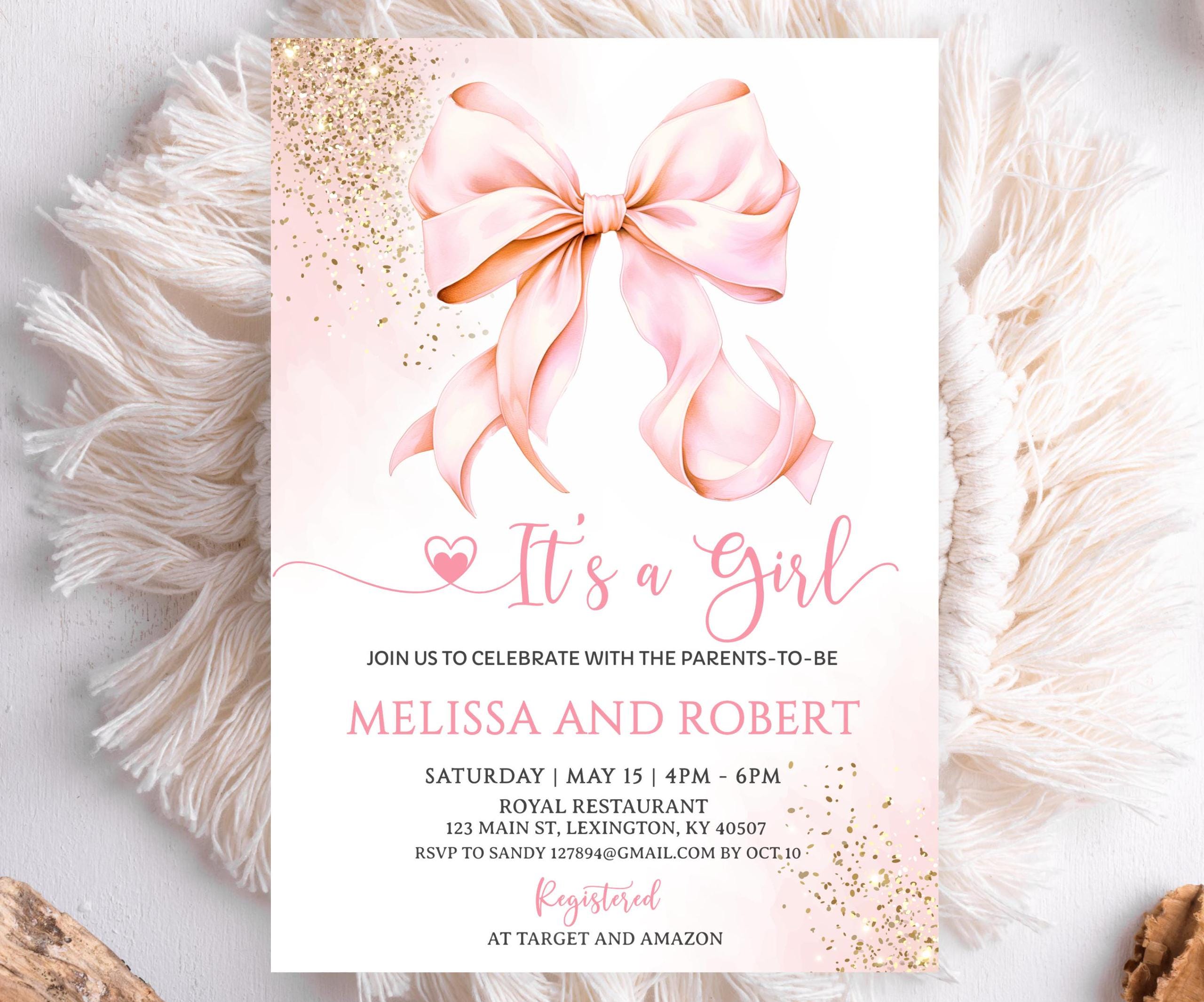 Editable Pink Bow Baby Shower Invitation Girl Bow Glitter Gold ...