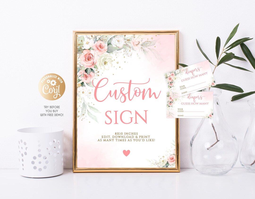 Girl Blush Pink Rose Editable Custom Sign Pink Flowers, Greenery Rose ...