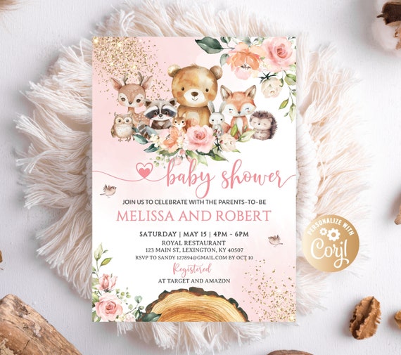 Editable Woodland Girl Baby Shower Invitation, Pink Girl Woodland