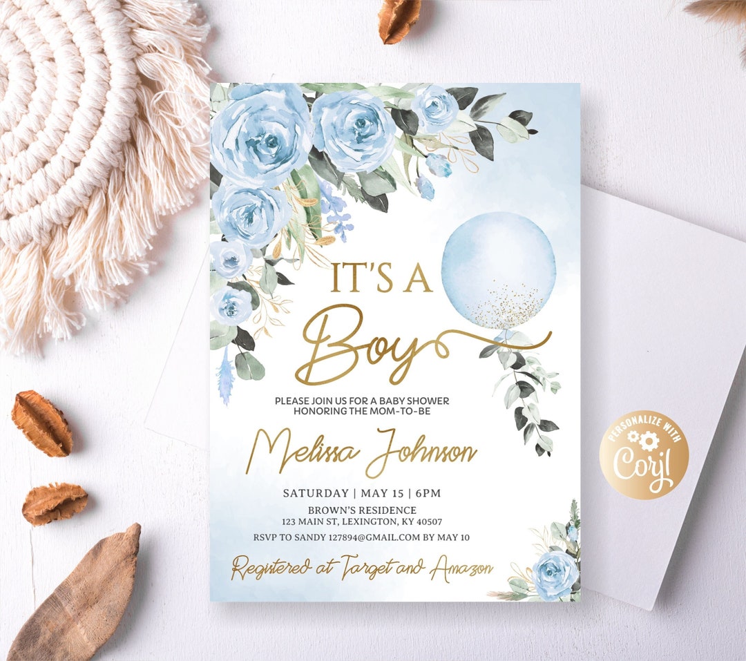 Editable It's a Boy Baby Shower Invitation Oh Boy Blue Roses Balloon ...