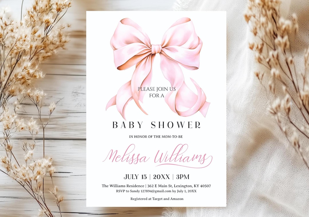 Editable Pink Bow Baby Shower Invitation Girl Bow Watercolor Baby ...