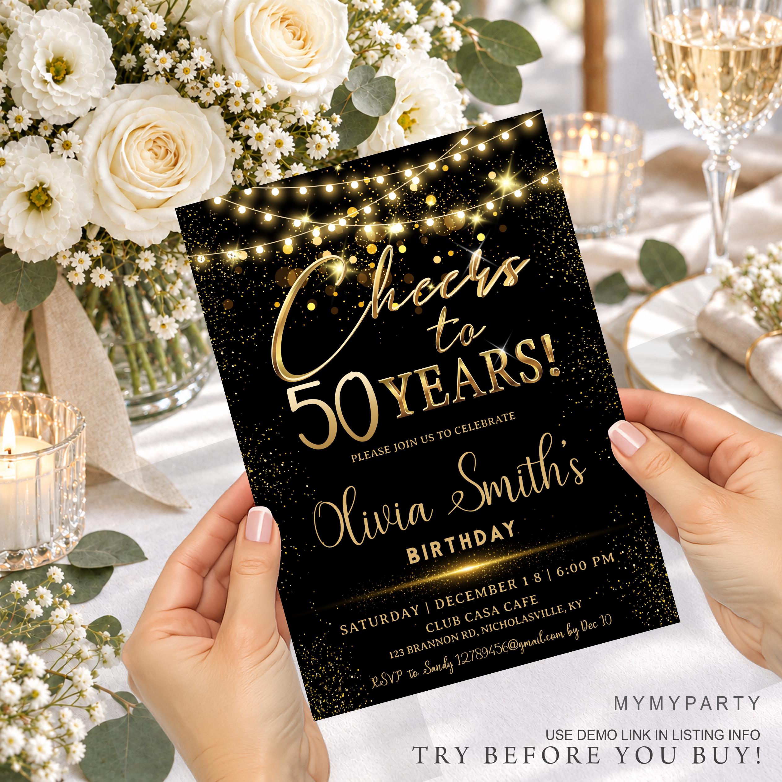 Cheers to 50 Years Birthday Invitation for Her Gold Confetti