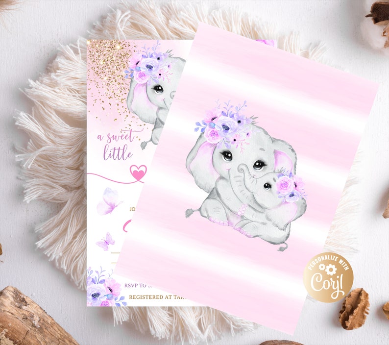Editable Elephant Baby Shower Invitation Template, Purple Pink Roses ...
