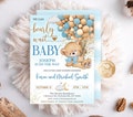 Editable Boy Bear Hot Air Balloon Baby Shower Invitations, Editable We Can Bearly Wait Baby Shower Invites, Boy Bear With Balloons Blue Gold