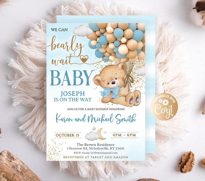 Close-up of the invitation card detailing the watercolor texture of the bear and blue-gold balloon arch.