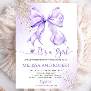 Editable Purple Bow Baby Shower Invitation Girl Bow Glitter Gold Watercolor Baby Shower Its a Girl Purple Bow Baby Shower Ribbon Invitation