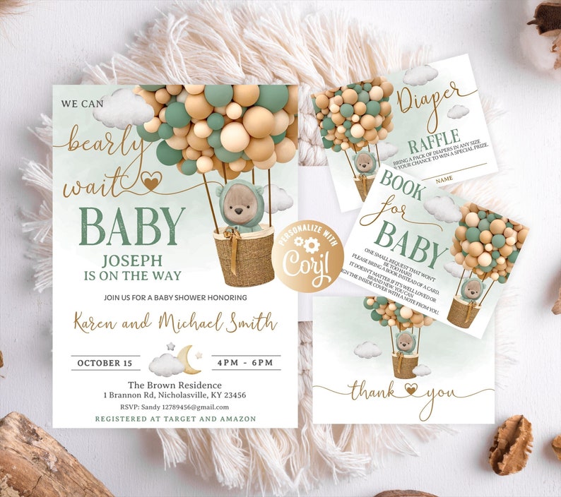 Editable Bear Baby Shower Invitation Set, We Can Bearly Wait Boy Bundle ...