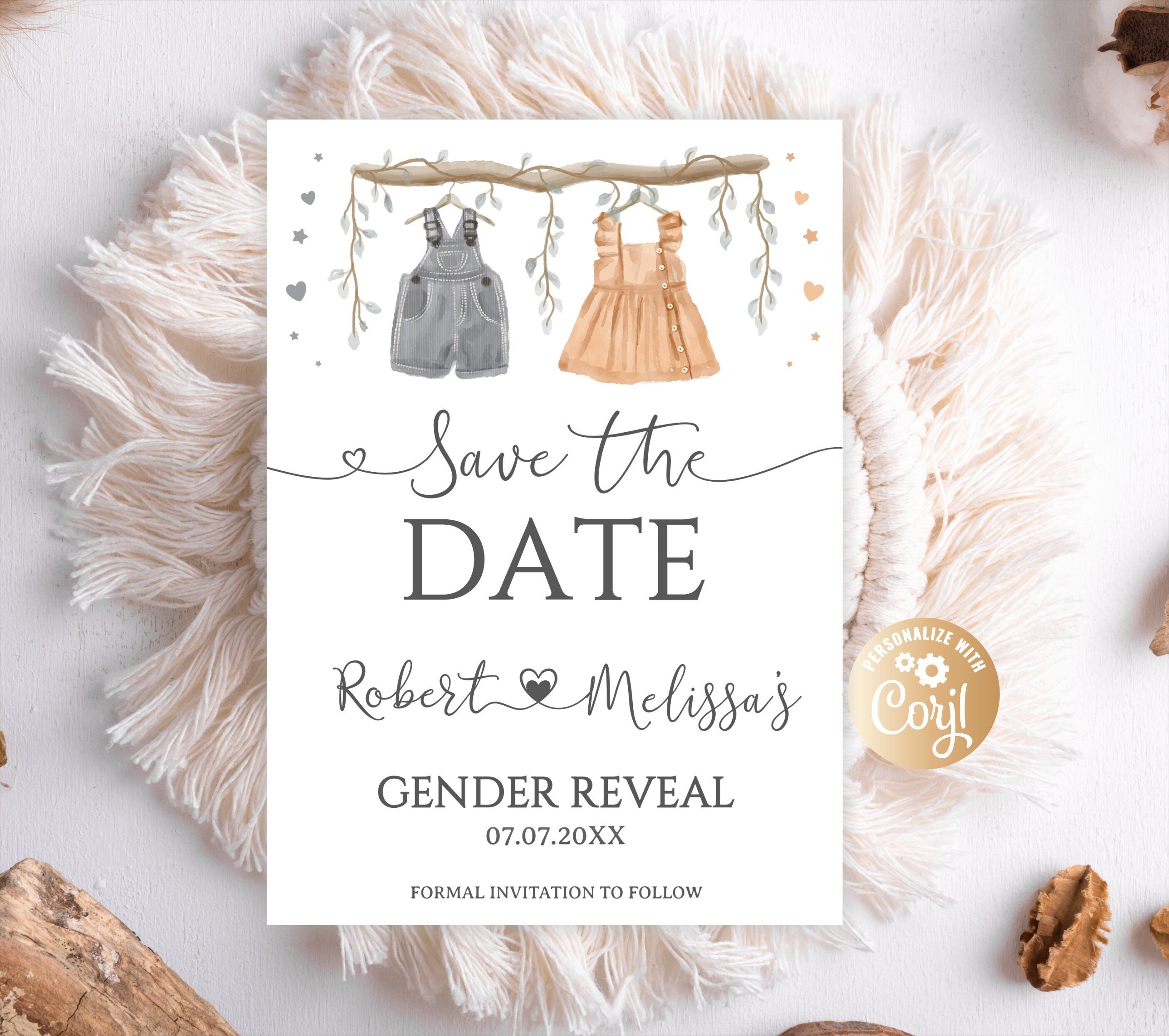 Bearbeitbares Geschlecht offenbaren Babyparty speichern das Datum Einladung Junge oder Mädchen Er oder sie Speichern Sie das Datum Baby Kleidung Aquarell Greenery Boho